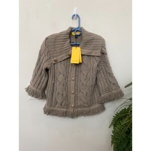 NWT ST. JOHN Women's Taupe Wool Knit Fringe Trim Cardigan Sweater Size S, $795